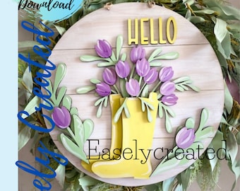 Spring Boots Door Hanger Sign SVG File  - 15" Shiplap Tulip Flower  hanger Sign SVG Welcome Sign SVG  svg  Hello Easter Welcome Door Hanger