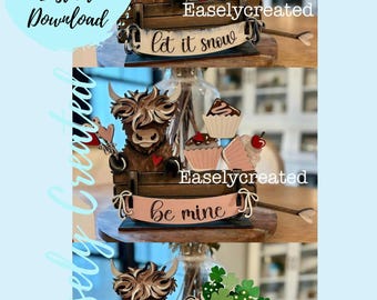 Austauschbare Highland Kuh Wagon Bundle - Schneemann Valentine Klee Glowforse Laser bereit Datei SVG Home veränderbar Saison Urlaub