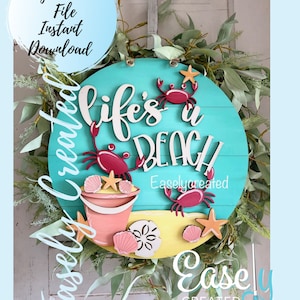 Life&#39;s a beach deurhanger teken SVG-bestand - Hallo zomer deurhanger bord - Home deurhanger - krab zeeschelp teken Glowforge Ready Laser