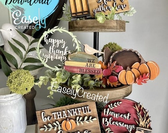 Thanksgiving Tiered Tray Digital Download File - Glowforge Fall Tiered Tray SVG - Thankful Tiered Tray SVG Gather Sign