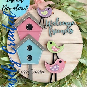 Hello Spring Door Hanger Sign SVG File  - 15&quot; Shiplap Welcome Friends Door hanger Sign SVG Welcome Sign SVG Spring Sign Birdhouse Sign