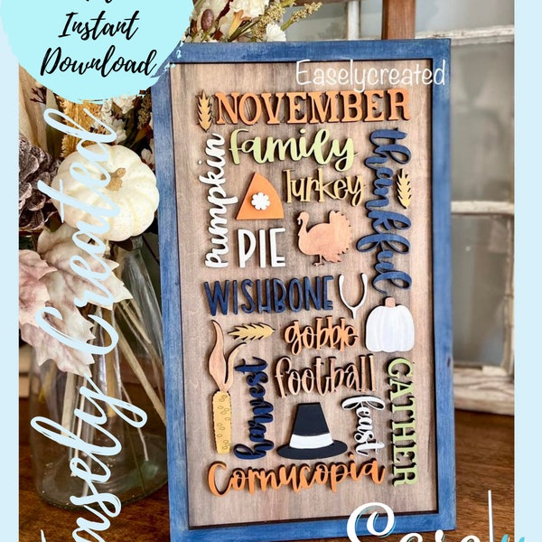 Fall Autumn November Thankful Sign Digital File - Thanksgiving Fall Sign Cornucopia Turkey SVG sign - Word collage Glowforge