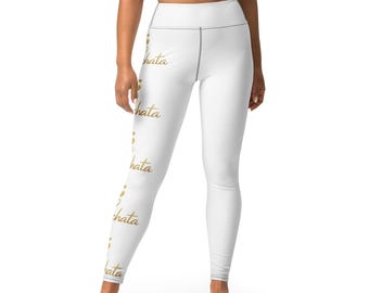 Białe legginsy z napisem Bachata, spodnie do jogi z wysokim stanem