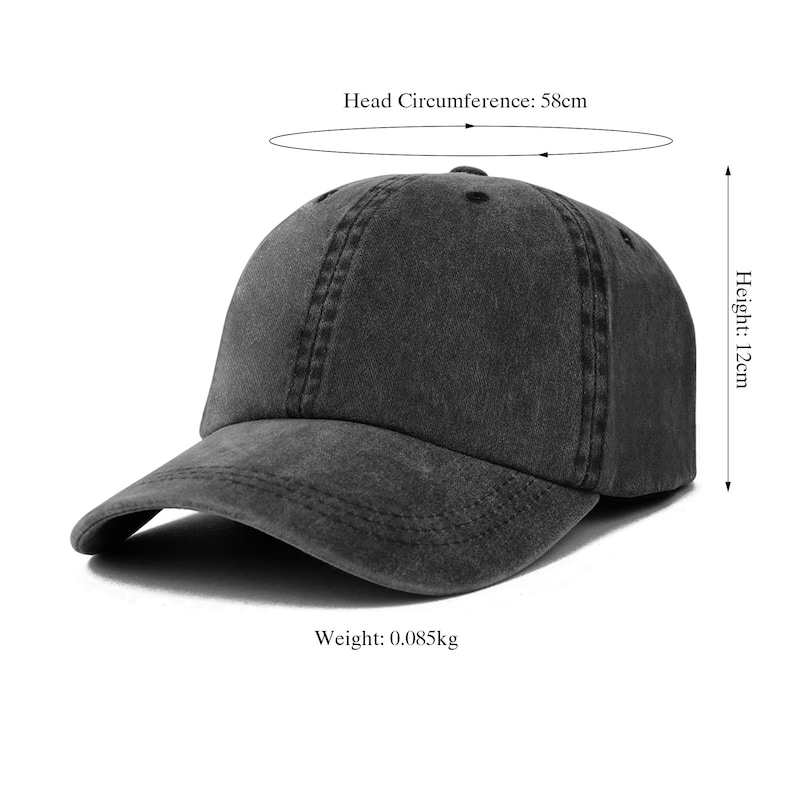 Detailed image of a cat embroidered cap with size specifications. The cap features a cute kitten face on the front, made from soft, washed cotton material. Adjustable head circumference of 58cm and 12cm in height. Lightweight at only 0.085kg, perfect for comfortable casual wear or as a fun gift for cat lovers.