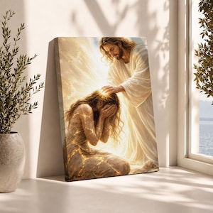 May include: A rectangular canvas print depicting a long-haired figure in white robes placing a hand on the head of a kneeling person. The kneeling figure has long hair, covers their face with hands, and features glowing gold cracks on their skin.