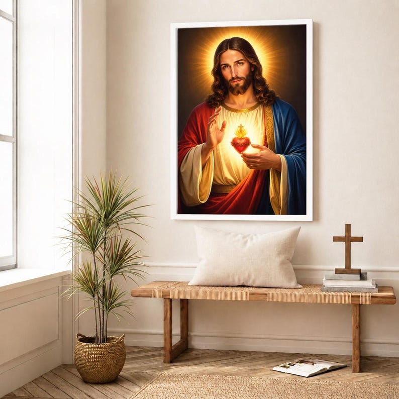 Sacred Heart of Jesus canvas print with a white frame hanging above a minimalist wooden bench. The setting is styled with a white pillow, a potted plant, and a small wooden cross on books. Serene Catholic home decor, ideal for creating a dedicated prayer corner, entryway display, or quiet devotional space.