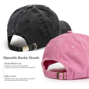 Back view of two adjustable washed cotton caps, one in black and one in pink, with a metal buckle for a secure and customizable fit. These caps feature a durable and breathable cotton material, ideal for outdoor activities, casual wear, or everyday use. Perfect for those who appreciate quality accessories with an adjustable design, ensuring comfort and style for all seasons.