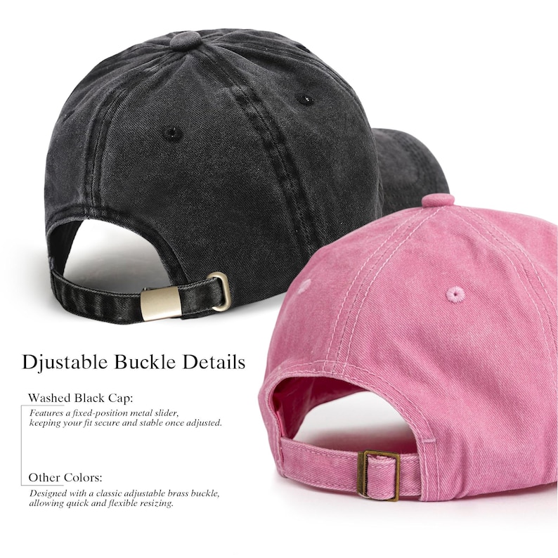 Back view of two adjustable washed cotton caps, one in black and one in pink, with a metal buckle for a secure and customizable fit. These caps feature a durable and breathable cotton material, ideal for outdoor activities, casual wear, or everyday use. Perfect for those who appreciate quality accessories with an adjustable design, ensuring comfort and style for all seasons.
