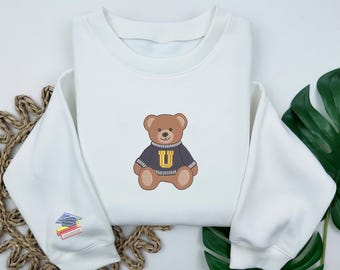 Custom University Teddy Bear Embroidered Sweatshirt | Cute College Pullover | Letter Sweater |Cozy Unisex Gift | Gift For University Student