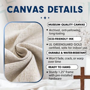 May include: An informational graphic titled CANVAS DETAILS featuring a close-up of beige textured fabric. Text lists features: Museum Quality Canvas, Eco-Friendly Ink, Durable & Water-Resistant, and Ready to Hang with a sturdy 1.25 inch frame.