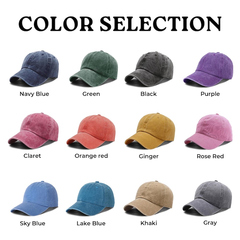 Customizable color selection for caps with various shades. Includes Navy Blue, Green, Black, Purple, Claret, Orange Red, Ginger, Rose Red, Sky Blue, Lake Blue, Khaki, and Gray. Each cap color option is displayed for easy customization, offering a wide range of choices for personalized caps. Ideal for custom-designed hats on Etsy, suitable for casual wear, sports teams, and gifts.