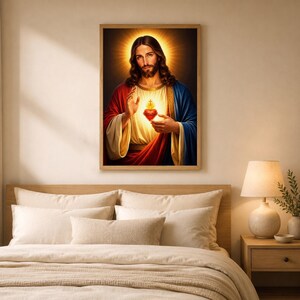 Classic Sacred Heart of Jesus portrait in a wooden frame hanging above a cozy bed with cream-colored pillows and linens. The bedroom setting features a wooden nightstand with a warm ceramic lamp and a small plant. Serene religious bedroom decor, ideal as a protective housewarming gift, wedding present, or Catholic family blessing.