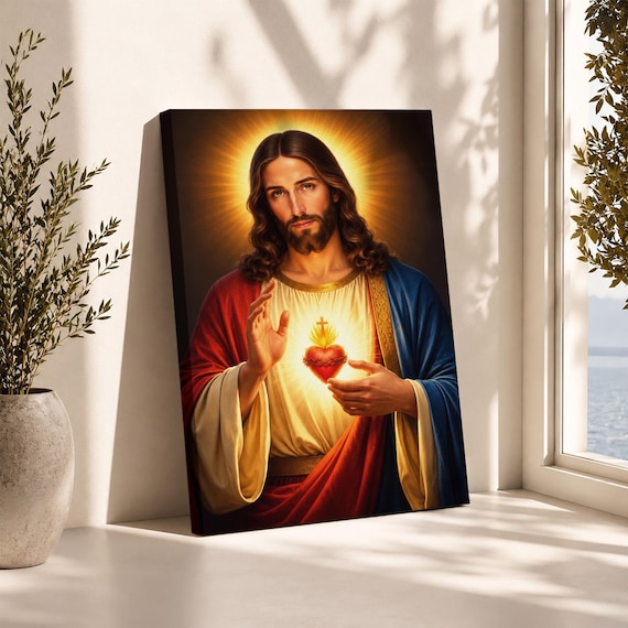 Sacred Heart of Jesus Wall Art, Christian Canvas Print, Catholic Religious Home Decor, Christ Portrait Artwork, Faith Gift for Prayer Room