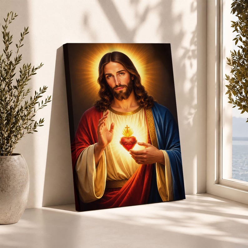 Sacred Heart of Jesus canvas wall art leaning on a clean floor next to a bright window and a green potted plant. The classic Catholic painting depicts Jesus Christ with a glowing halo, gesturing in blessing while holding his radiating sacred heart with a cross. Perfect religious home decor or devotional gift.
