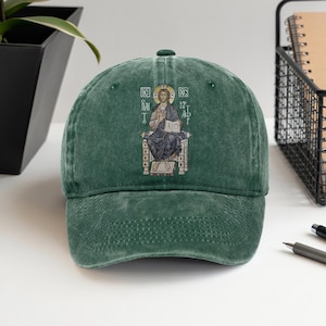 Baseballmütze Christus Pantokrator - bedruckte christliche Mütze, Vintage gewaschene Baumwolle, Glaubensgeschenk, religiöse Mütze, verstellbare Unisex-Kappe