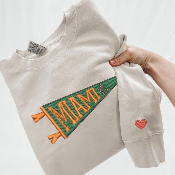 Custom Vintage Miami Embroidered Sweatshirt | Cream College Pennant Pullover | Retro Collegiate Style Crewneck | Custom Pennants Shirt