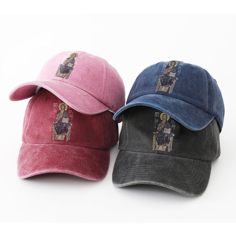 Beautiful set of rose red and navy blue,black,claret washed cotton caps with embroidered design of Christ seated on a throne. These hats offer a unique and stylish way to showcase your faith. The high-quality material ensures comfort and durability, while the adjustable strap guarantees a perfect fit. Perfect for casual wear, religious gatherings, or as a thoughtful gift for loved ones who cherish their faith. A must-have accessory for anyone seeking inspiration.