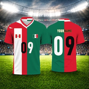 May include: A short-sleeved sports jersey featuring a split red, white, and green design. The front displays the flags of Peru and Mexico with the number 09. The back features the text YOUR NAME above the large black number 09 on a split background.