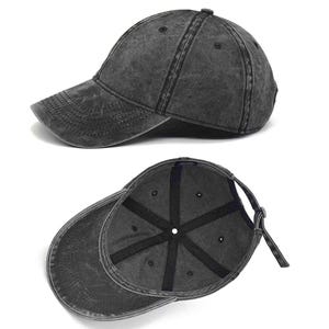 Vintage black washed cap with a curved brim. Featuring a classic, worn-in style with a comfortable adjustable strap. Perfect for casual, everyday wear, offering both style and comfort. Ideal for outdoor activities or for adding a touch of effortless cool to any outfit. A must-have accessory for those who appreciate timeless, versatile fashion and a laid-back vibe.
