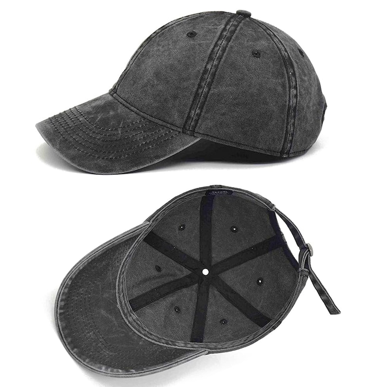 Vintage black washed cap with a curved brim. Featuring a classic, worn-in style with a comfortable adjustable strap. Perfect for casual, everyday wear, offering both style and comfort. Ideal for outdoor activities or for adding a touch of effortless cool to any outfit. A must-have accessory for those who appreciate timeless, versatile fashion and a laid-back vibe.
