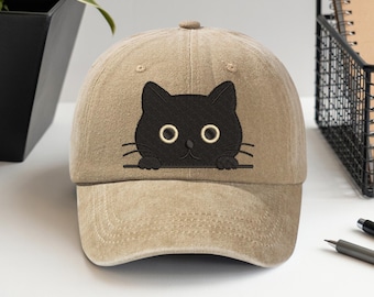 Peeking Black Cat Embroidered Baseball Cap - Cute Black Cat Washed Hat - Gift For Cat Lovers - Adjustable Vintage -Funny Cat-Christmas Gift