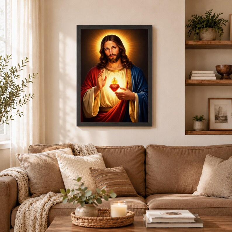 Sacred Heart of Jesus framed portrait in a black frame, hanging above a comfortable brown sofa with cozy throw pillows. The warm living room setting includes wooden shelves with books and small plants. Elegant Catholic wall decor that brings divine peace, protection, and blessing to your family's main living space.