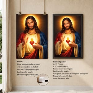 May include: A religious poster and a framed poster featuring a portrait of Jesus Christ with a glowing Sacred Heart. The poster is 150-160 GSM paper. The framed poster has a 0.75 inch frame, 1.25 inch depth, and 200 GSM paper with plexiglass.