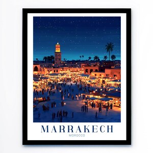 May include: A night view of a bustling marketplace in Marrakech, Morocco. The scene is lit by warm, golden lights, and the sky is filled with twinkling stars. The image features a tall minaret in the distance, and the marketplace is filled with people and stalls.