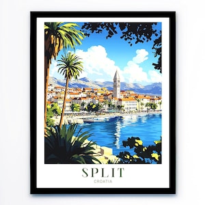Peut inclure: Une affiche de voyage vintage illustrant Split, en Croatie, avec des couleurs vives. L'affiche montre une vue du front de mer de la ville avec des palmiers, des bâtiments et un clocher. Le texte "SPLIT CROATIA" est imprimé en bas de l'affiche.