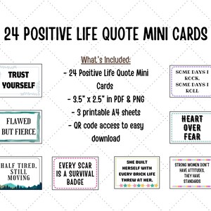 Cartes d'affirmation motivantes positives imprimables – 24 cartes citations positives | 3,5 x 2,5 pouces | Téléchargement instantané PNG et PDF | Soins personnels numériques