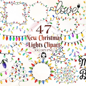 May include: A collection of 47 Christmas lights clipart images. The images include strings of colorful lights, frames, and text elements like "love" and "Merry & Bright". The lights are in various shapes and arrangements.