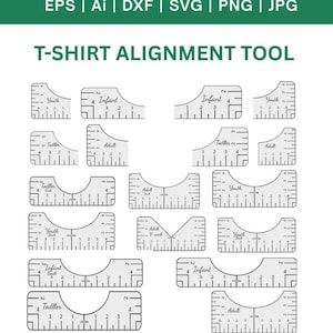 Puede incluir: Un conjunto de plantillas blancas para alinear camisetas, con marcas y texto en negro. Las plantillas están diseñadas para diferentes tallas, como bebé, niño, joven y adulto. El texto "EPS | Ai | DXF | SVG | PNG | JPG" y "T-SHIRT ALIGNMENT TOOL" está en la parte superior.