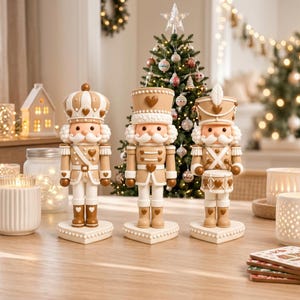 May include: Three nutcracker figurines in a beige and white colour palette, each standing on a heart-shaped base. The figures feature heart motifs, white moustaches, and uniform-style detailing, with one holding a drum and drumsticks.