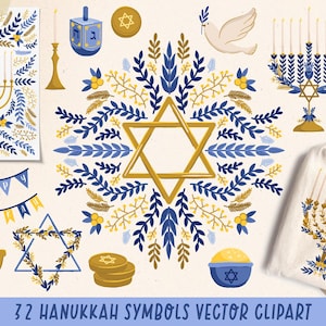 May include: A collection of Hanukkah-themed vector clipart illustrations. The image features a Star of David, menorahs, dreidels, and other traditional symbols in blue, gold, and white. Decorative floral elements and banners are also included.