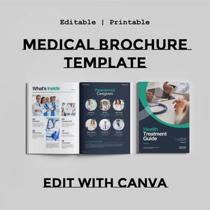 Puede incluir: Una plantilla de folleto médico con el texto "MEDICAL BROCHURE TEMPLATE". El folleto incluye el texto "What's Inside", "Experienced Caregivers" y "Health Treatment Guide". El texto "EDIT WITH CANVA" también es visible.
