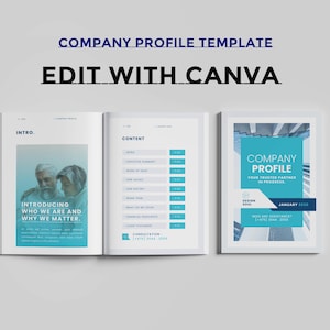 May include: A company profile template with the text "COMPANY PROFILE TEMPLATE" and "EDIT WITH CANVA". The template includes an introduction page with the text "INTRODUCING WHO WE ARE AND WHY WE MATTER" and a content page.