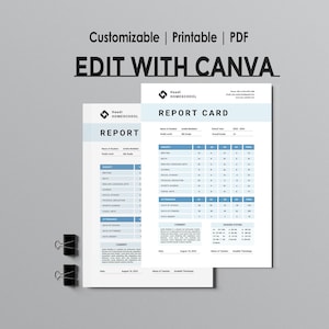 May include: Two printable report card templates with a light blue and white design. The text "Customizable | Printable | PDF" and "EDIT WITH CANVA" are at the top. The report cards include sections for subjects, grades, and comments.