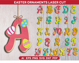 Easter Alphabet Laser Cut Ornaments , Bunny Ears Letters Easter Basket Tags SVG, A-Z  Alphabet Svg,