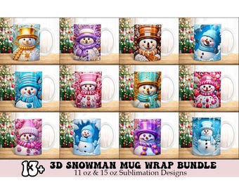 Christmas Mug Wrap, 3D Snowman Christmas Mug Wrap Bundle, 11oz Winter Mug Design, Christmas Mug Sublimation PNG Bundle