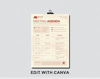 Plantilla de agenda de reuniones, descarga instantánea y digital - Personalizable