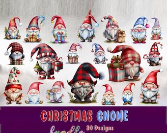 May include: A collection of 20 watercolor Christmas gnome designs. Each gnome has a long white beard, a pointed hat, and is holding gifts or standing in a festive setting. The text "CHRISTMAS GNOME bundle" is displayed at the bottom.