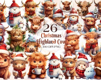 Christmas Highland Cow Clipart, Farm Clipart, Printable Watercolor clipart, High Quality PNG, Digital download, Paper craft, junk journals