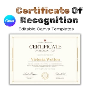 May include: A certificate of recognition from the University of Marcenas, presented to Victoria Wotton on January 34th, 2023. The certificate has a gold border and is signed by Linda Brown, President, and Robert W, Executive Director.