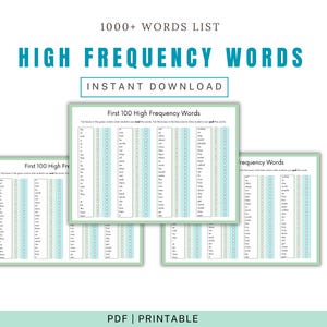Op de afbeelding: Een afdrukbaar PDF-document met de tekst "1000+ WORDS LIST HIGH FREQUENCY WORDS INSTANT DOWNLOAD." Het document bevat lijsten met veelvoorkomende woorden met selectievakjes om bij te houden. Het ontwerp is strak met een turquoise en wit kleurenschema.