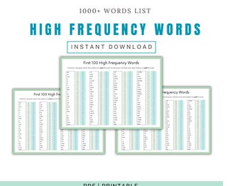 Páginas imprimibles de palabras de alta frecuencia, más de 1000 palabras visuales de Fry, ortografía, educación en casa, preescolar y jardín de infantes