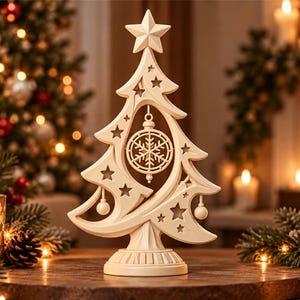 May include: A cream-coloured, stylised Christmas tree figurine made of smooth material. The tree features cut-out star shapes, a star topper, and a central hanging snowflake ornament. It stands on a circular, fluted base with a curved, elegant design.