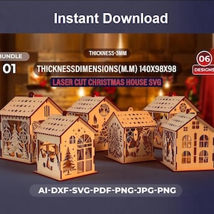 Weihnachtshaus Laser geschnitten, 3D-Weihnachtsszene Haus Bundle, Winterwunderland Miniaturhäuser, Miniaturdorfhäuser, 3D Weihnachtshaus SVG