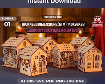 May include: A collection of six laser-cut wooden Christmas house designs. Each house features intricate cut-out patterns, including stars, trees, and deer. The dimensions are 140mm x 98mm x 98mm. The image includes the text "Instant Download" and "Laser Cut Christmas House SVG".