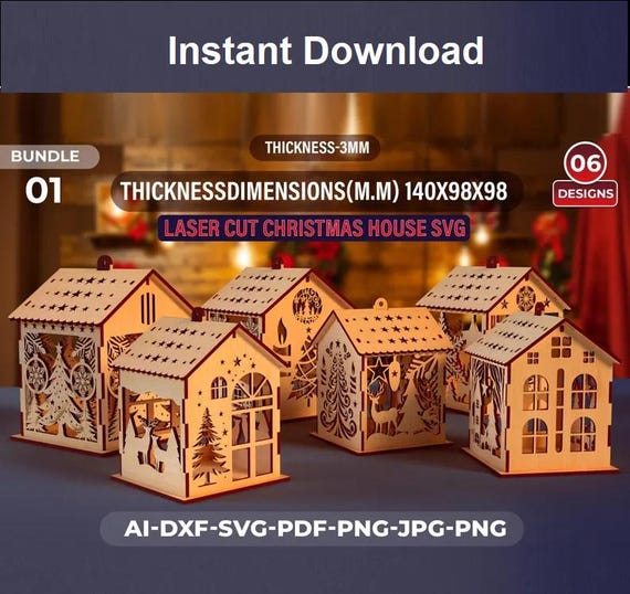 Christmas House Laser Cut, 3D Christmas Scene House Bundle, Winter Wonderland Miniature Houses, Miniature Village Houses, 3D Xmas House SVG