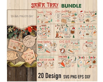 May include: A bundle of 20 Christmas-themed designs for Santa trays, featuring various festive illustrations and text. The designs include phrases like "Treats for Santa," "Dear Santa," and "A Treat for Santa," along with images of cookies, carrots, and milk.